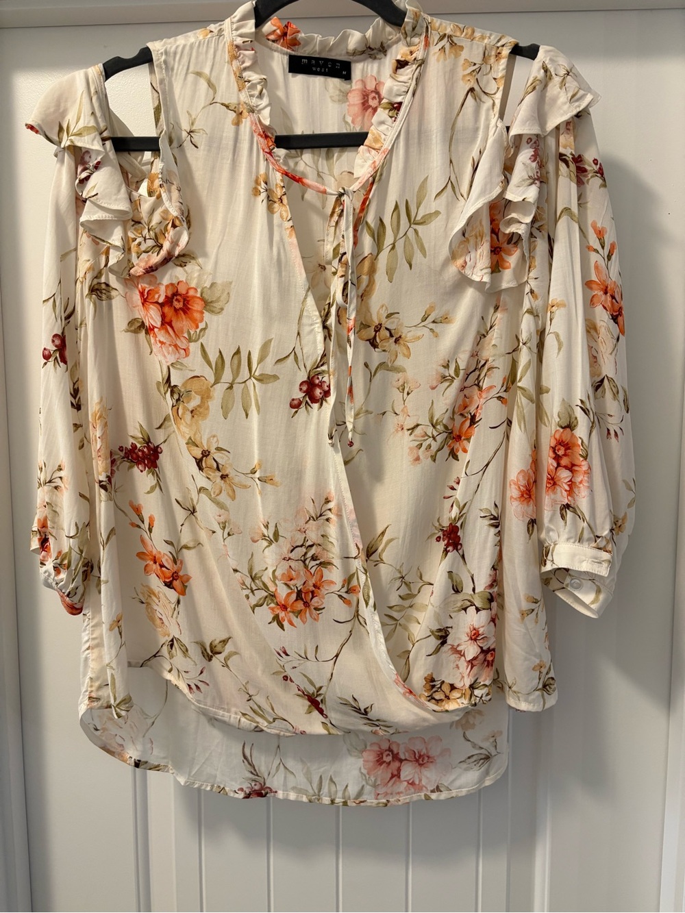 Maven West Floral Ruffle Cold-Shoulder Blouse - Cream/Orange - Size Medium